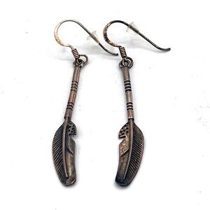 Vintage Native American Sterling Silver 925 Drop Dangle Feather Hook Earrings